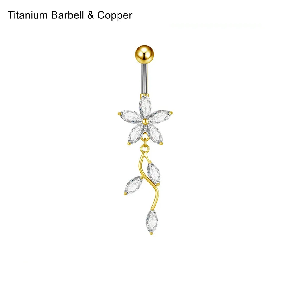 Stainless Steel Dangle Belly Button Ring Crystal Flower with Dangling Marquise Vine Titanium Navel Barbell Body Piercing Jewelry | | Wiccan Center
