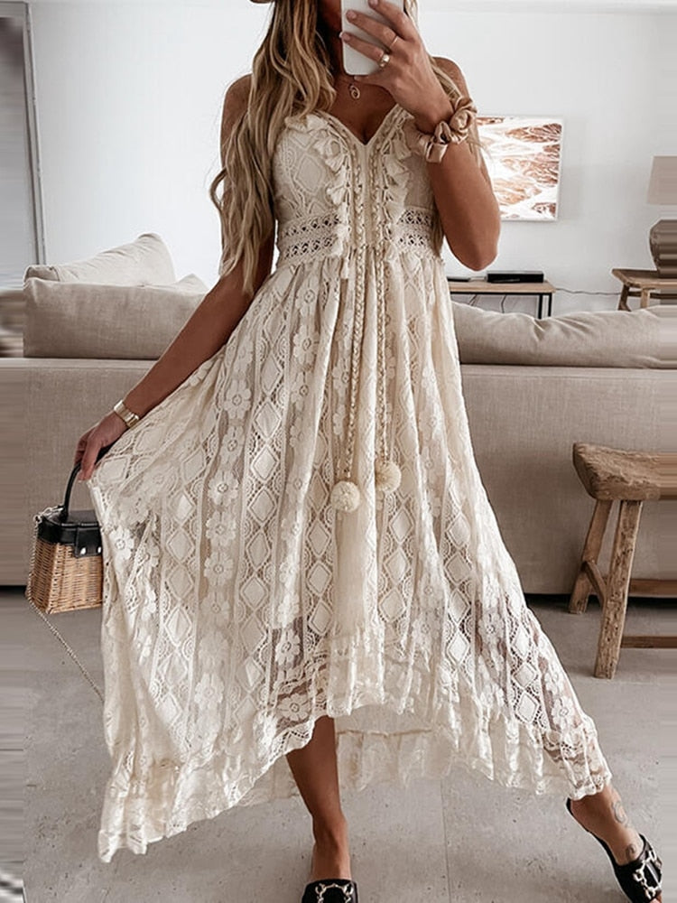 Women Dress Beach Style Elegant White Lace Spaghetti Srap Sundress Female Hollow Out Boho | Dresses | Wiccan Center