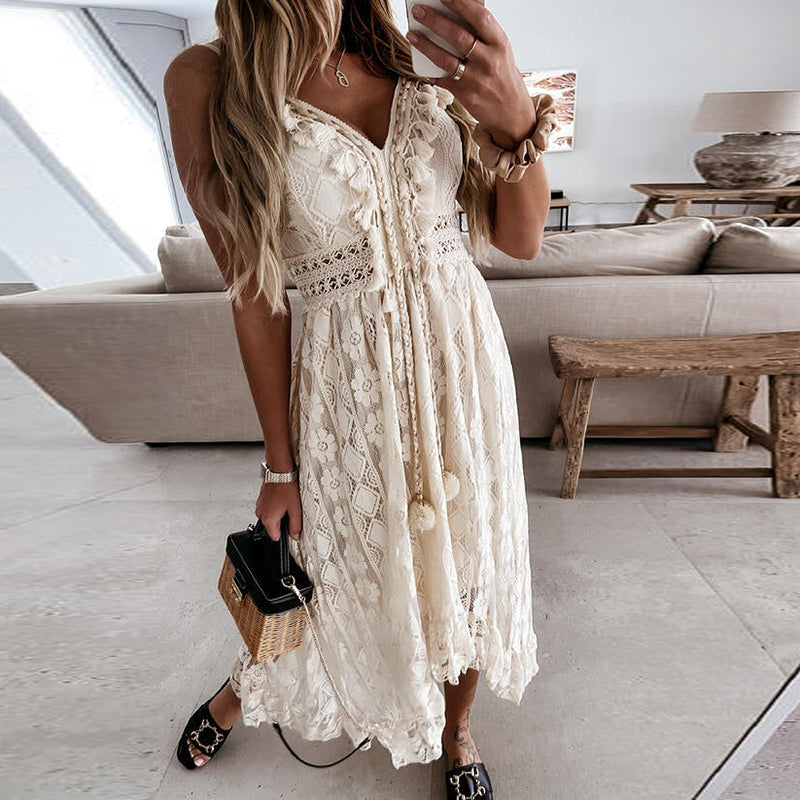 Women Dress Beach Style Elegant White Lace Spaghetti Srap Sundress Female Hollow Out Boho | Dresses | Wiccan Center