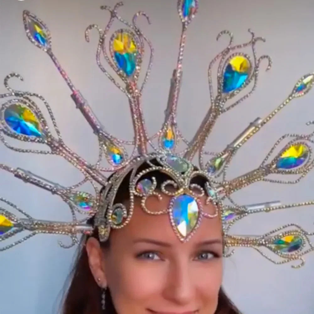 Luxury Peacock Rhinestone Statement Crown – Oversized Crystal Headpiece & Show-Stopping Hair Adornment for Fashion Shows, Galas & Festivals