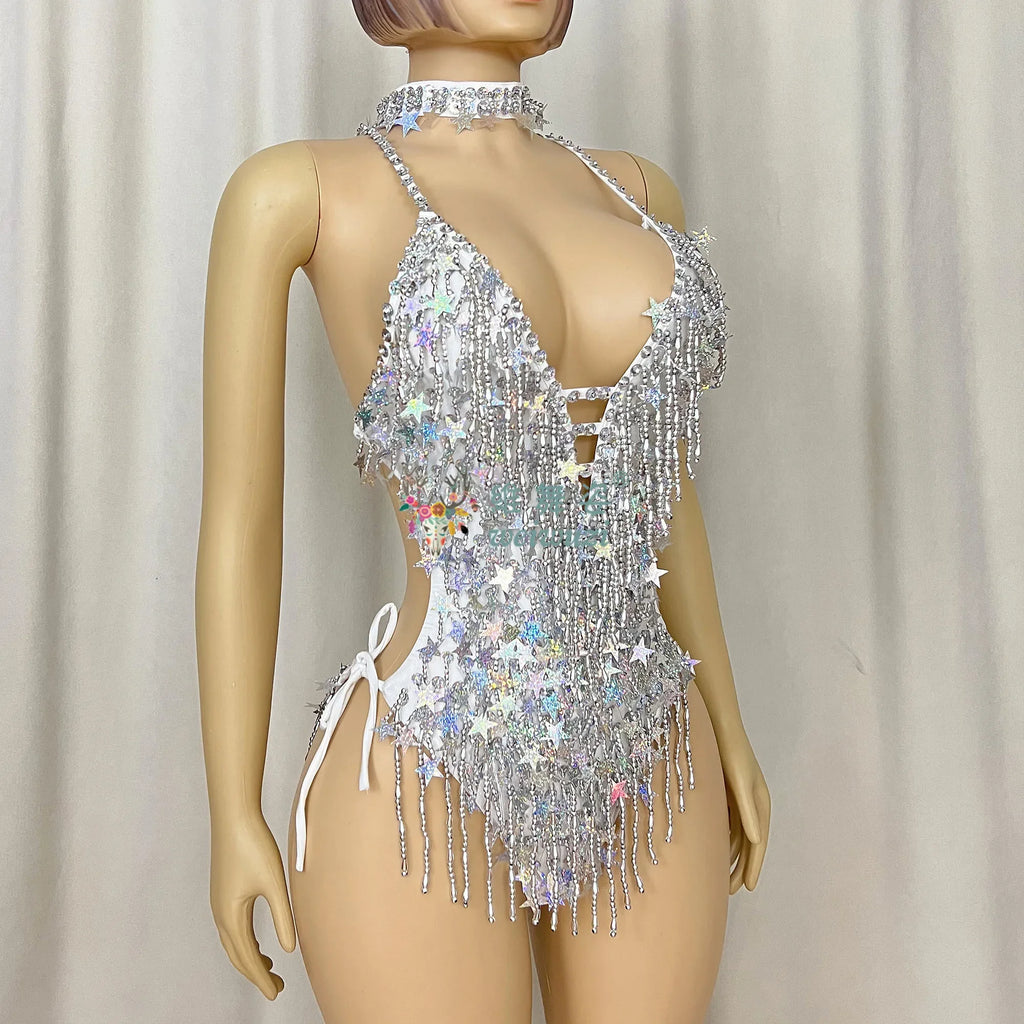 The Stardust Sterling Siren Bodysuit – Luxury Beaded Fringe Showgirl Leotard