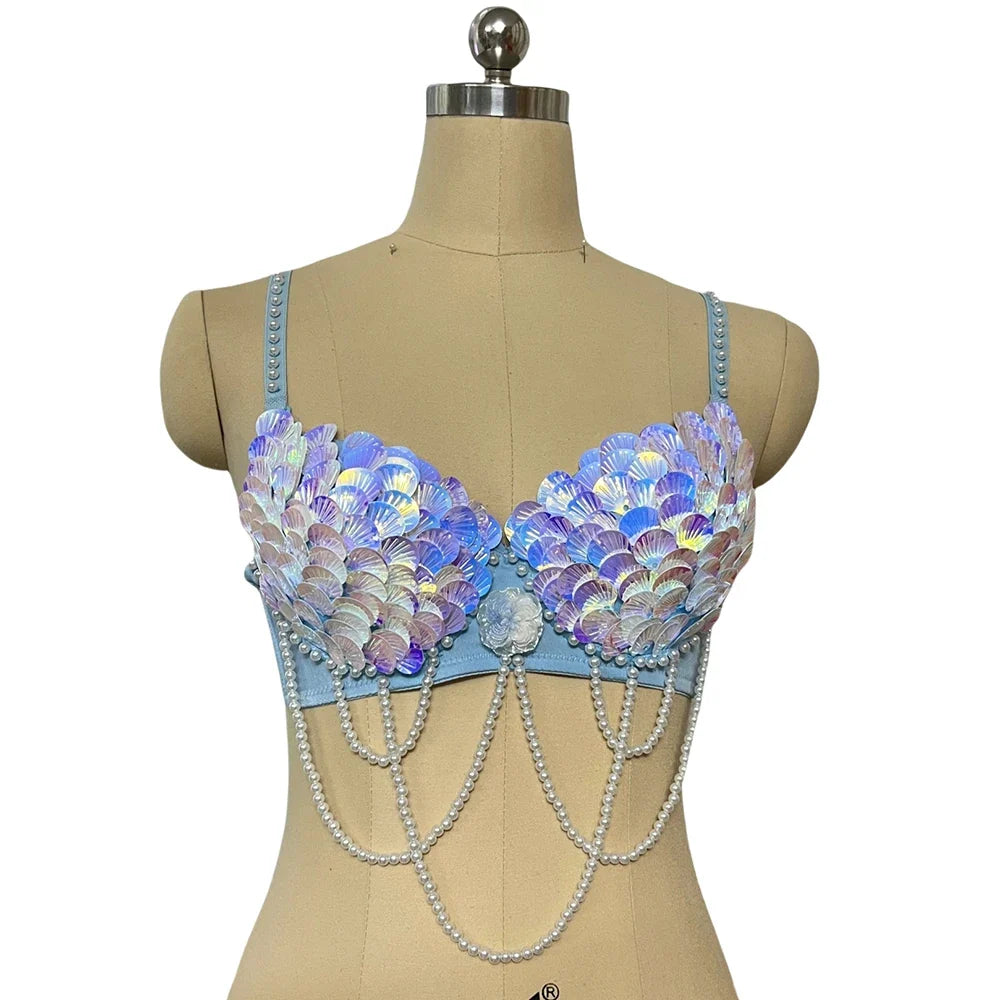 Handmade Mermaid Sequin Pearl Shell Belly Dance Bra Festival Rave Top | Costume Tops | Wiccan Center