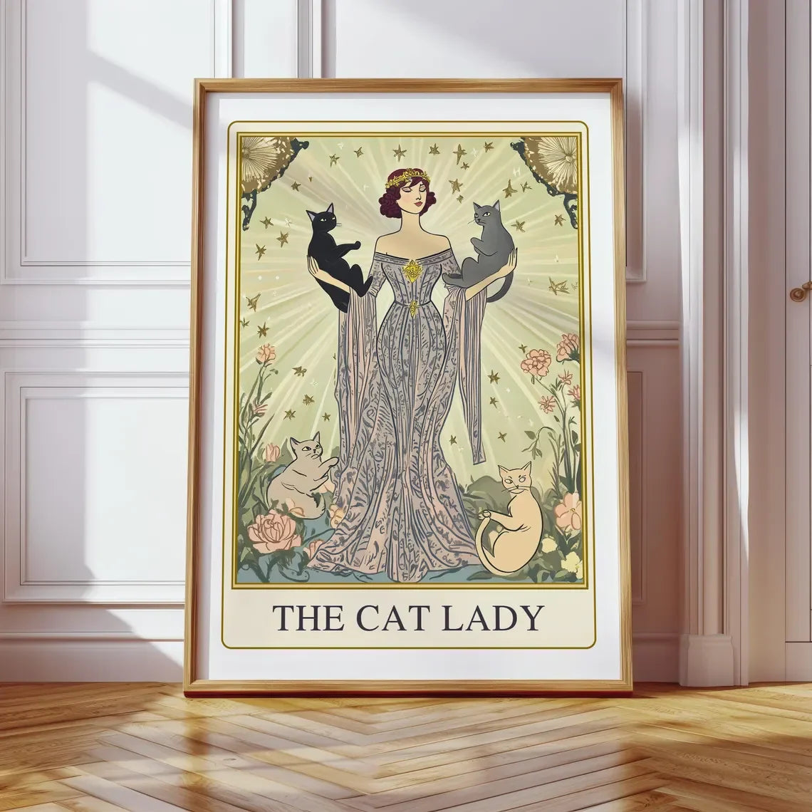 The Cat Lady Tarot Print, Art Nouveau Cat Lovers Wall Art, Vintage Cat Poster, Cat Mom Gift, Unique Cat Print, Apartment Decor