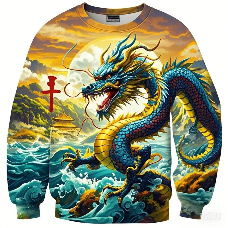 Full Print Chinese Dragon Graphic Sweatshirts For Men Women Long Sleeve Casual Round Neck Hoodie Streetwear Mens Sport Tracksuit