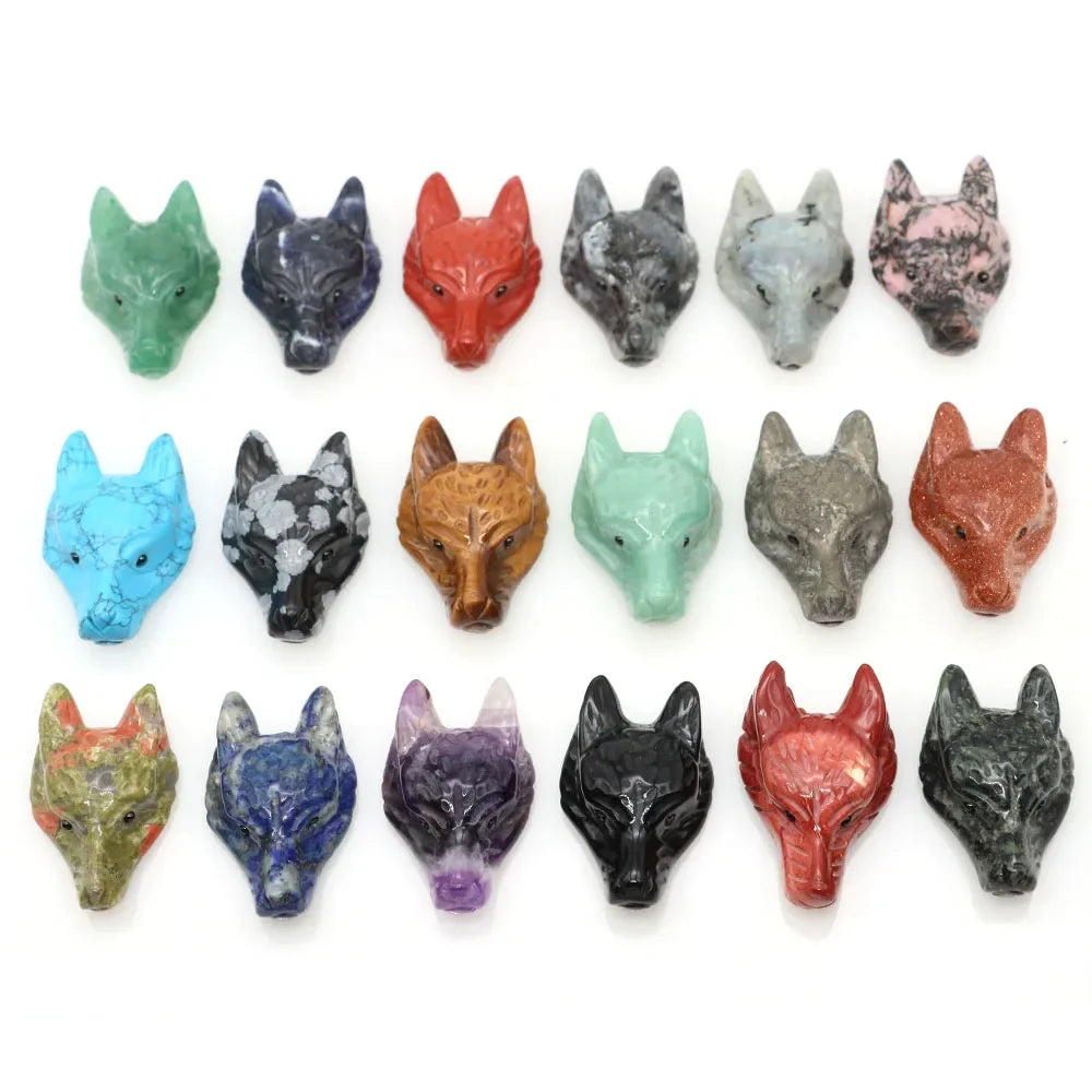 1.5" Wolf Head Stone Pendant Natural Healing Crystals Hand Carved Wolves Animal Statue Figurine Gems for Jewelry Making Necklace