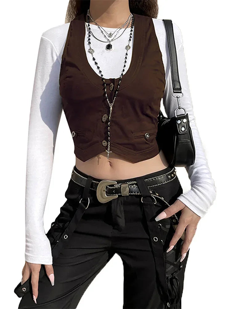 Women Vest Sleeveless V Neck Button Down Tank Tops Gilet with Pockets for Casual Street Gothic | | Wiccan Center