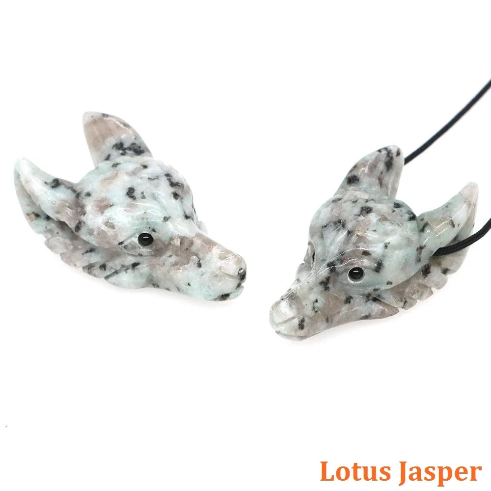 1.5" Wolf Head Stone Pendant Natural Healing Crystals Hand Carved Wolves Animal Statue Figurine Gems for Jewelry Making Necklace