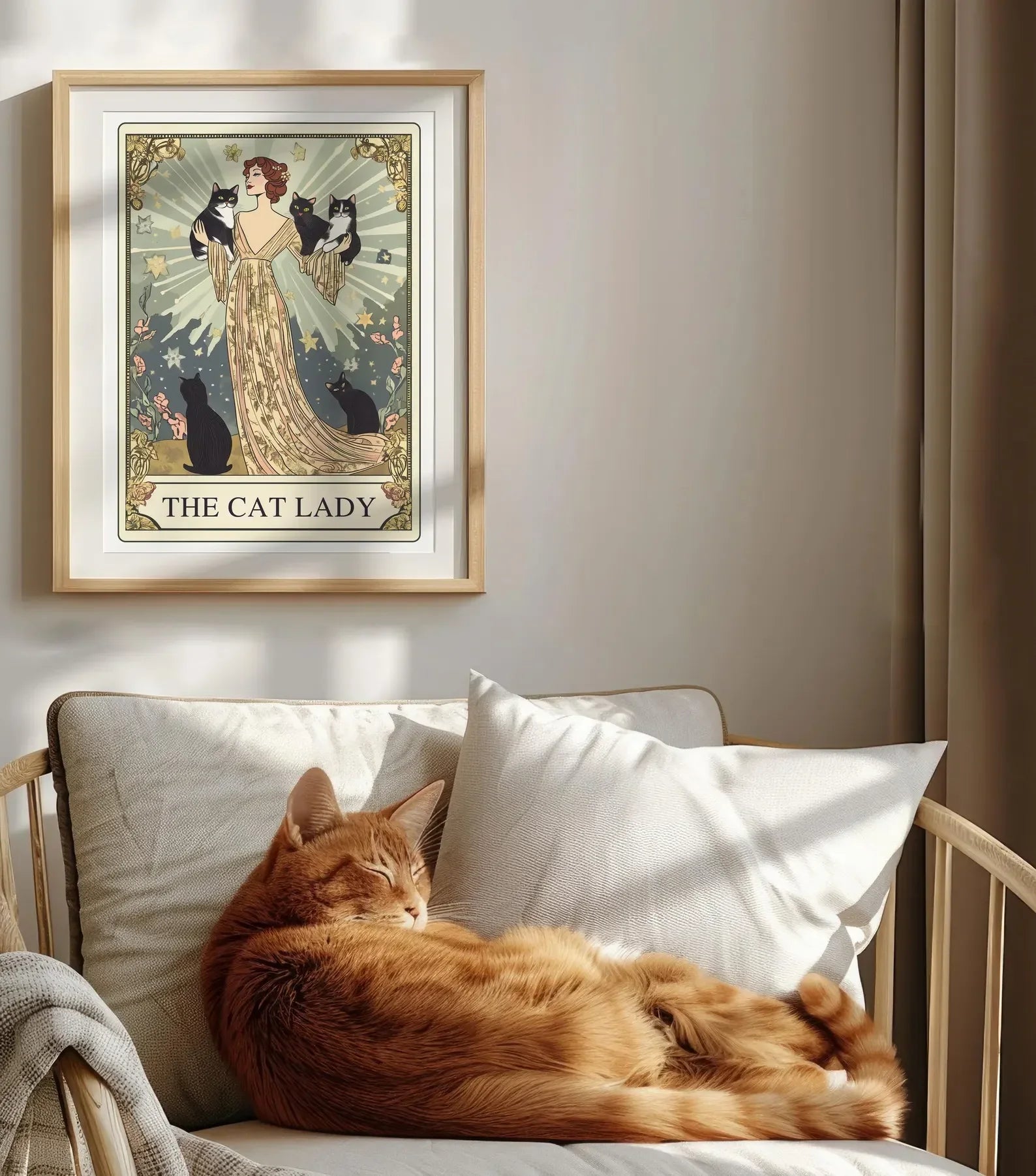 The Cat Lady Tarot Print, Art Nouveau Cat Lovers Wall Art, Vintage Cat Poster, Cat Mom Gift, Unique Cat Print, Apartment Decor