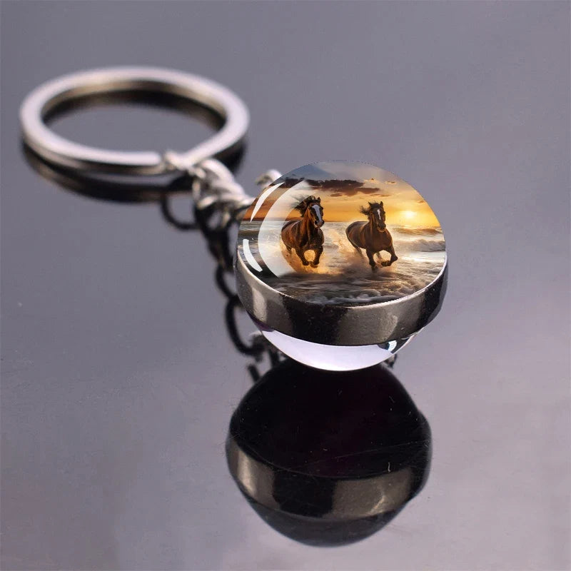 Horse Pattern Keychains White Brown Horse Racing Double Sided Glass Ball Pendant Key Chain Fashion Animal Jewelry Keyring Gift