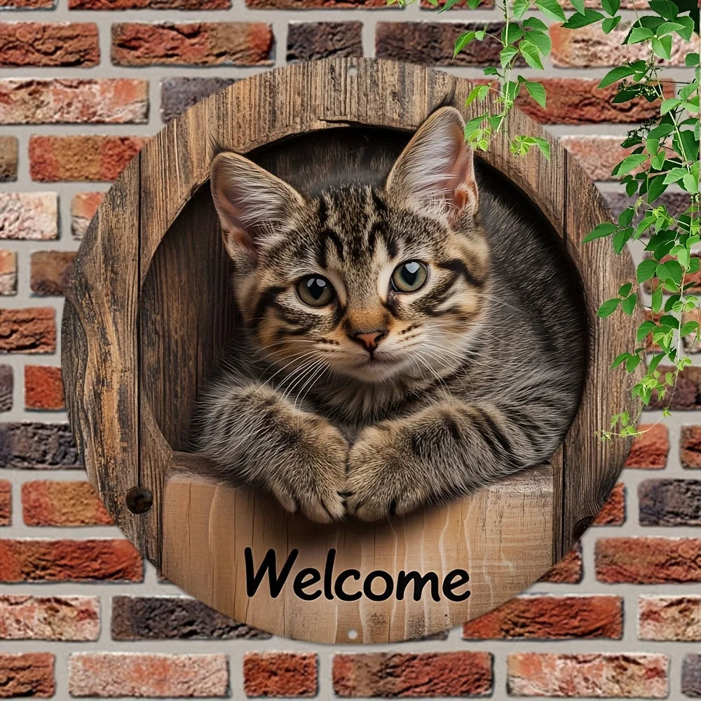 2D Graphic 2D Printed Wall Art - Cat Welcome Signs for Street, Courtyard, Shopping Center, Garage, Cafe, Family, Bar, Club, Kitchen, Restaurant, Laundry Room, Men's Cave, Gym, Bedroom, Farm, Farmhouse, Handmade Round Wood Dec