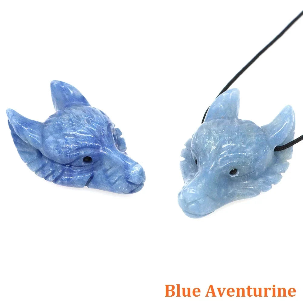 1.5" Wolf Head Stone Pendant Natural Healing Crystals Hand Carved Wolves Animal Statue Figurine Gems for Jewelry Making Necklace