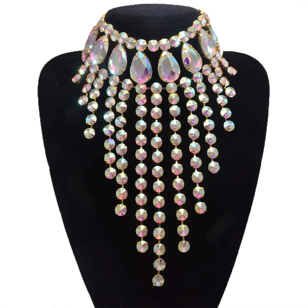 Rhinestone Glass Crystal & AB Drop Tassel Choker Crystal Drop