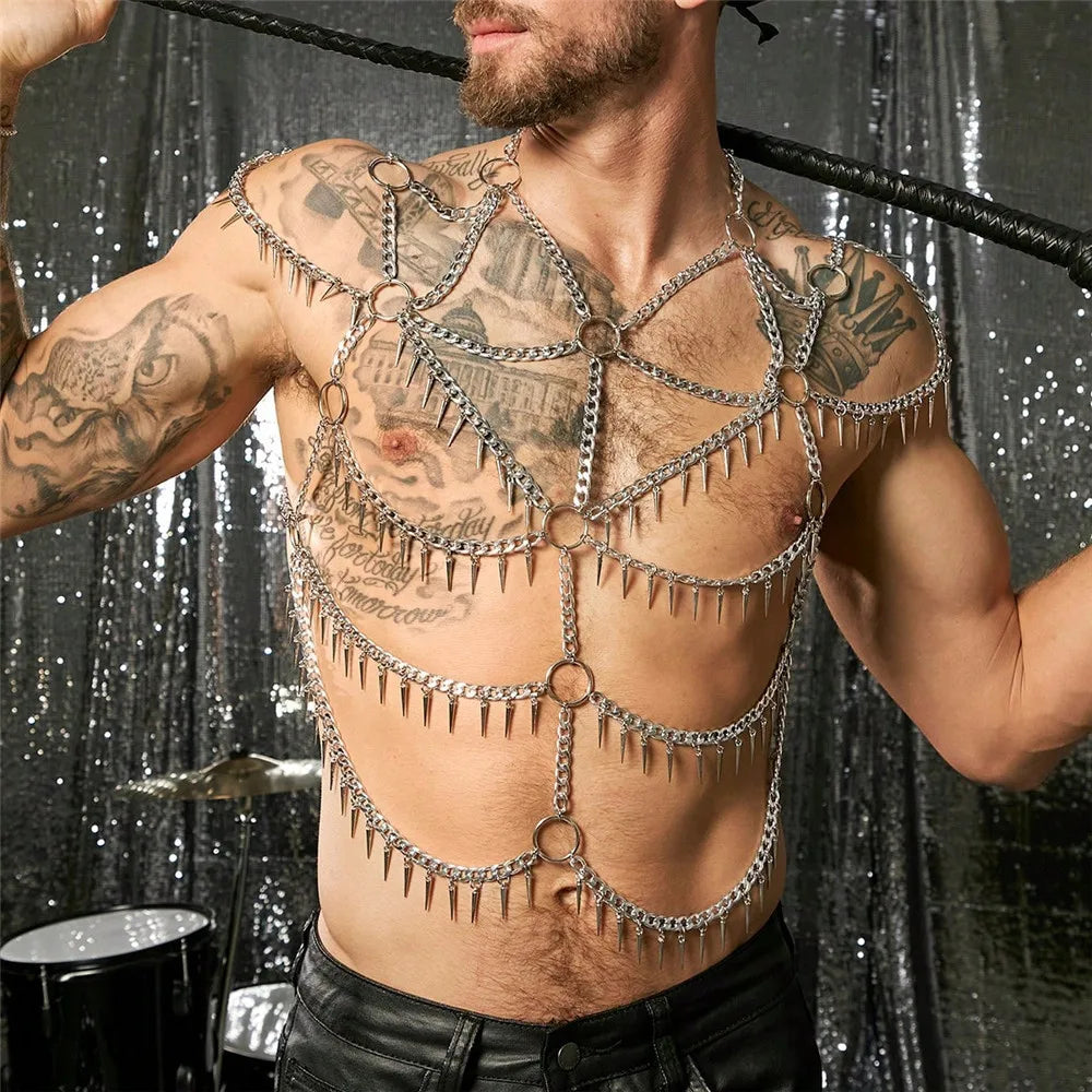 Fashionable Multi-Layer Fringe Men's Body Chain Metal Hanging Neck Iron Ring Vest Sexy Cutout Design Top | Body Chains | Wiccan Center
