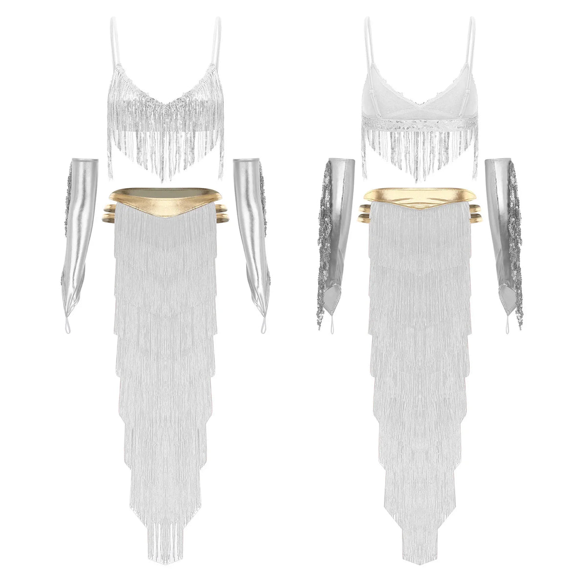 Women Shiny Belly Dance Bra Top with Tassel Slit Skirt Built-in Briefs Gloves Cleopatra Egypt Queen Costume | Costume Sets | Wiccan Center