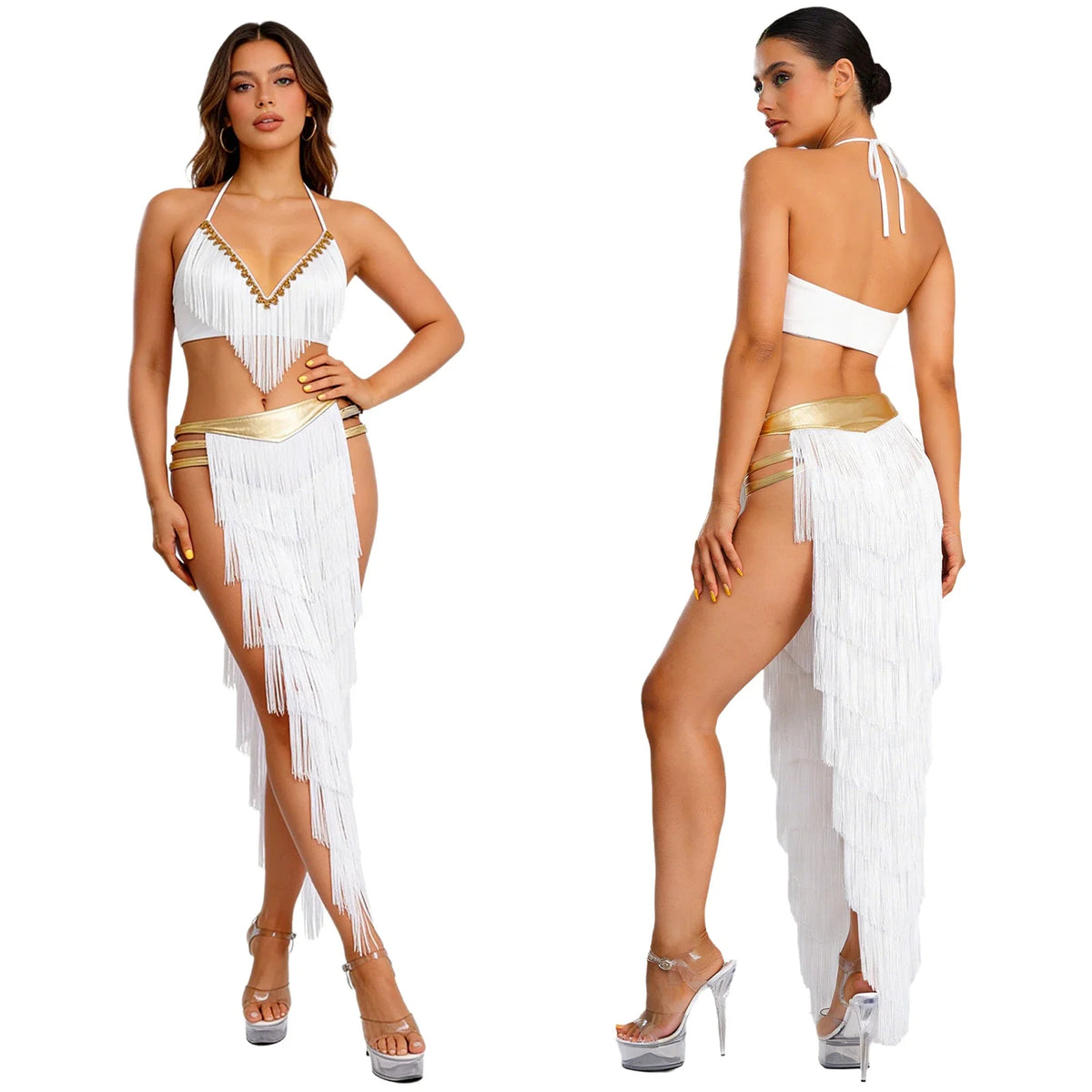 Gold Trim Halter Lace-Up Crop Top & Tiered Tassel Skirt Belly Dance Outfit | Costume Sets | Wiccan Center