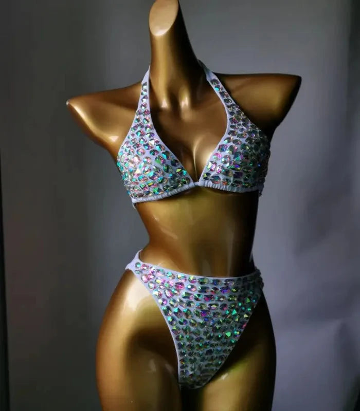 Nightclub Bar Sexy Disco Pole Dance Crystal Bikini Costume DJ Dancer Club Party Rave Outfit Pink Rhinestones Bra Set Stage Wear | Costume Sets | Wiccan Center