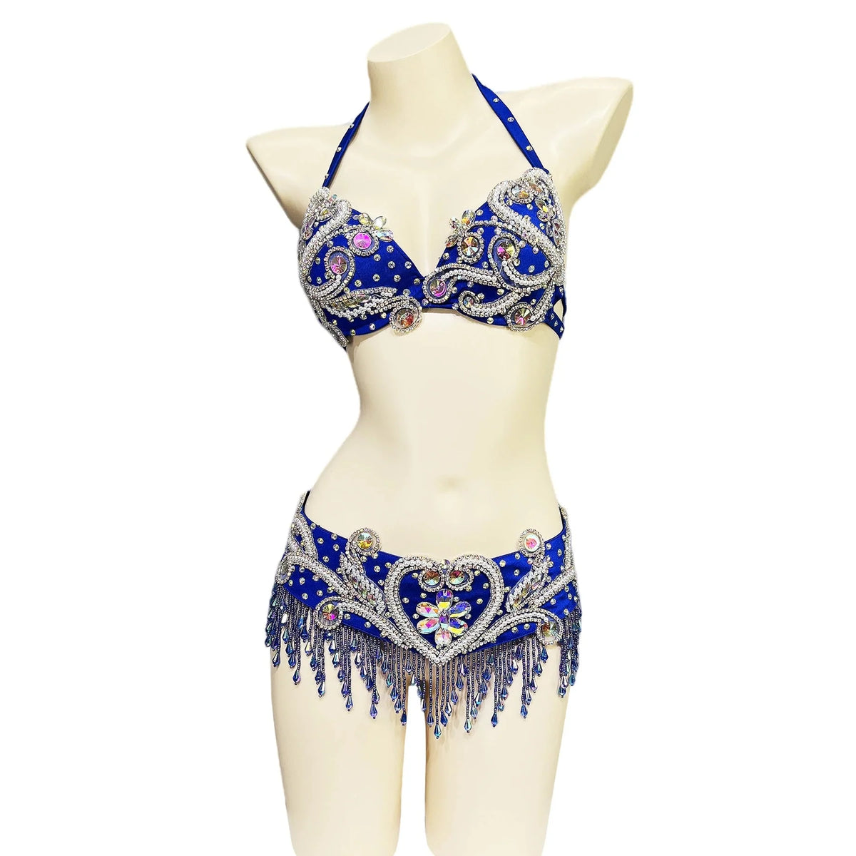 Sparkly Beaded Belly Dance Bra & Fringe Hip Belt Two-Piece Stage Costume Set | Costume Sets | Wiccan Center