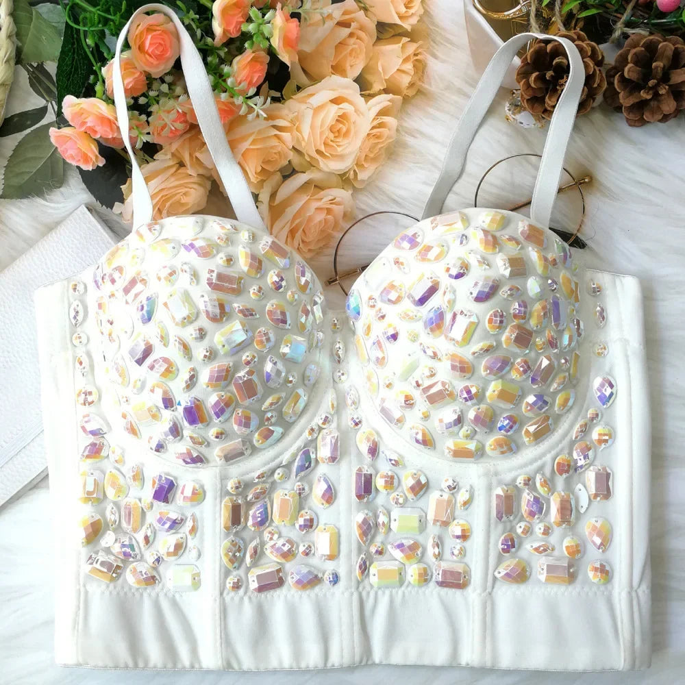 Sparkly Diamond Rhinestone Corset Top Showgirl Stage Performance Push-Up Bustier