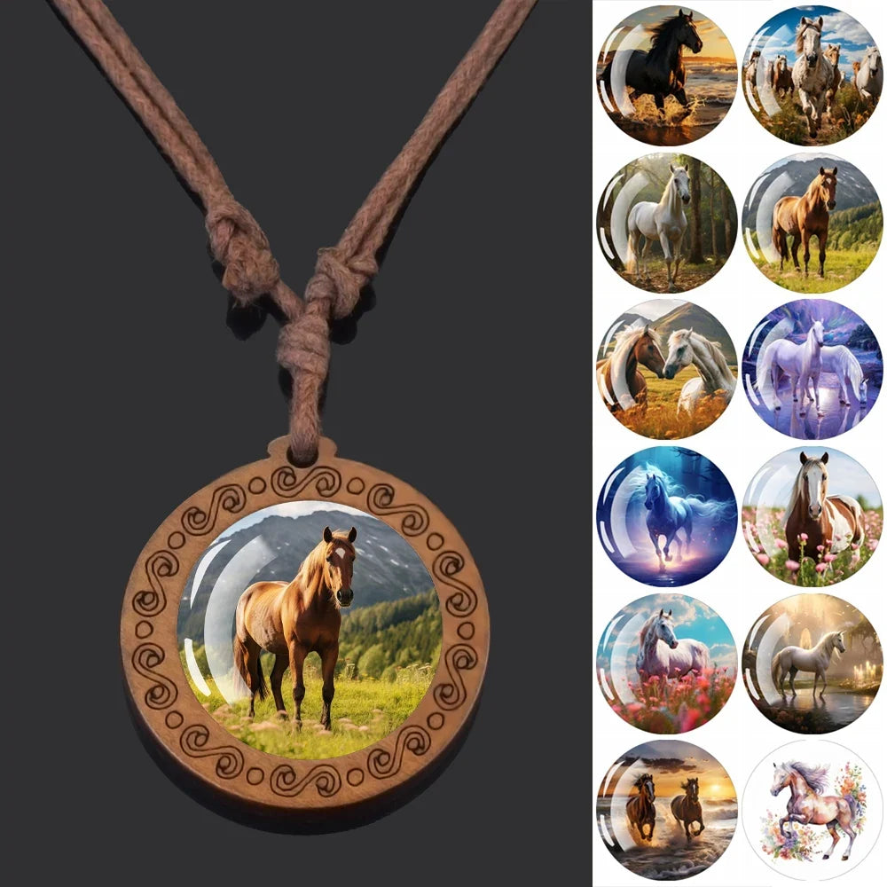 Horse Necklaces White Brown Horse Galloping Glass Dome Vintage Wooden Pendant Rope Chains Necklace Women Men Goth Jewelry Gift