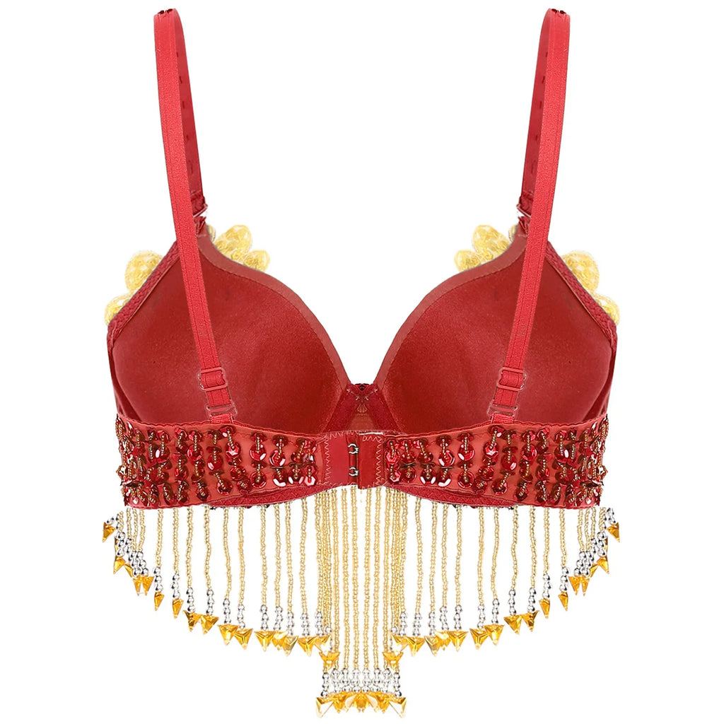 Sparkly Floral Beaded Sequin Belly Dance Bra & Tassel Performance Top | Costume Tops | Wiccan Center
