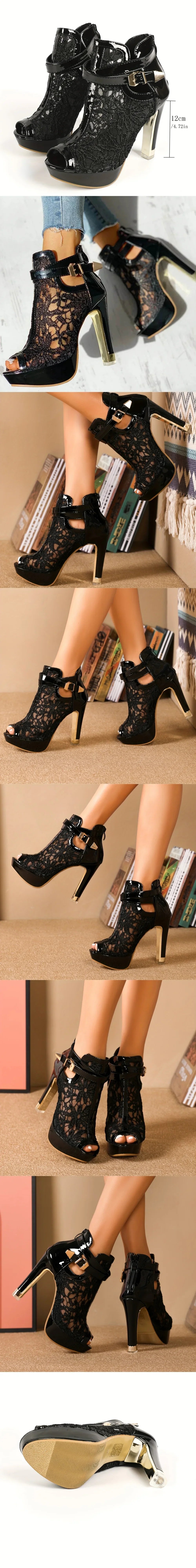 Summer Party Ankle Booties Black High Heels Platform Sandals Women Peep Toe Elegant Lace White Wedding Bridal Dress Shoes | | Wiccan Center