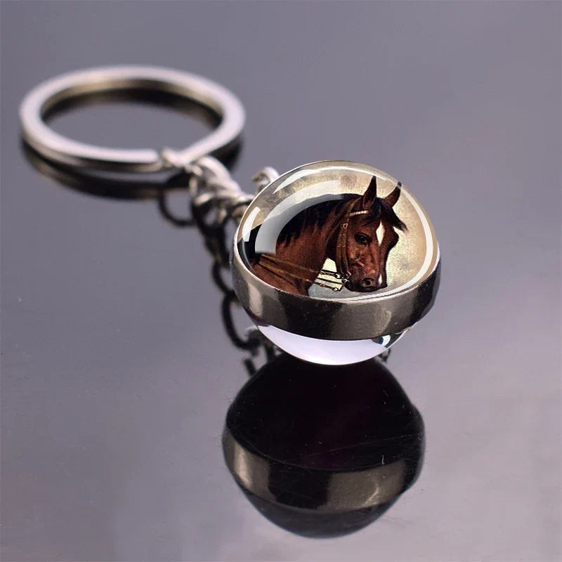 Horse Pattern Keychains White Brown Horse Racing Double Sided Glass Ball Pendant Key Chain Fashion Animal Jewelry Keyring Gift