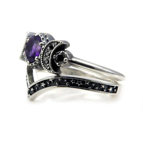 Black Zirconia Stone Triple Moon Ring Set | Ring | Wiccan Center