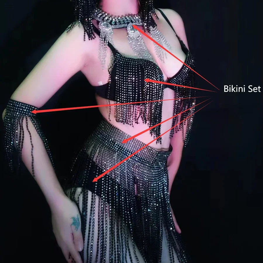 Luxury Crystal Tassel Bikini & Wig Performance Set – Premium Showgirl Stage Costume for GoGo Dancers, Nightclub DJs & Rave Outfits | Body Chains | Wiccan Center