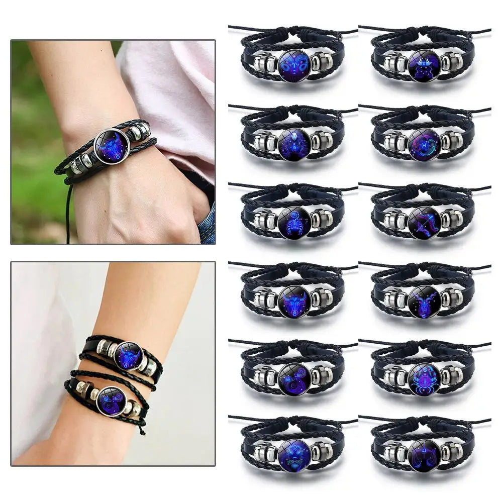12 Constellation Gem Leather Bracelet Men Women Glass Bracelet | | Wiccan Center