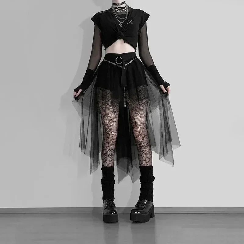 Casual Skirts Punk Sexy Net Yarn High-Waisted Irregular Skirt for Women Summer New European and American Gothic Style Versatile | | Wiccan Center