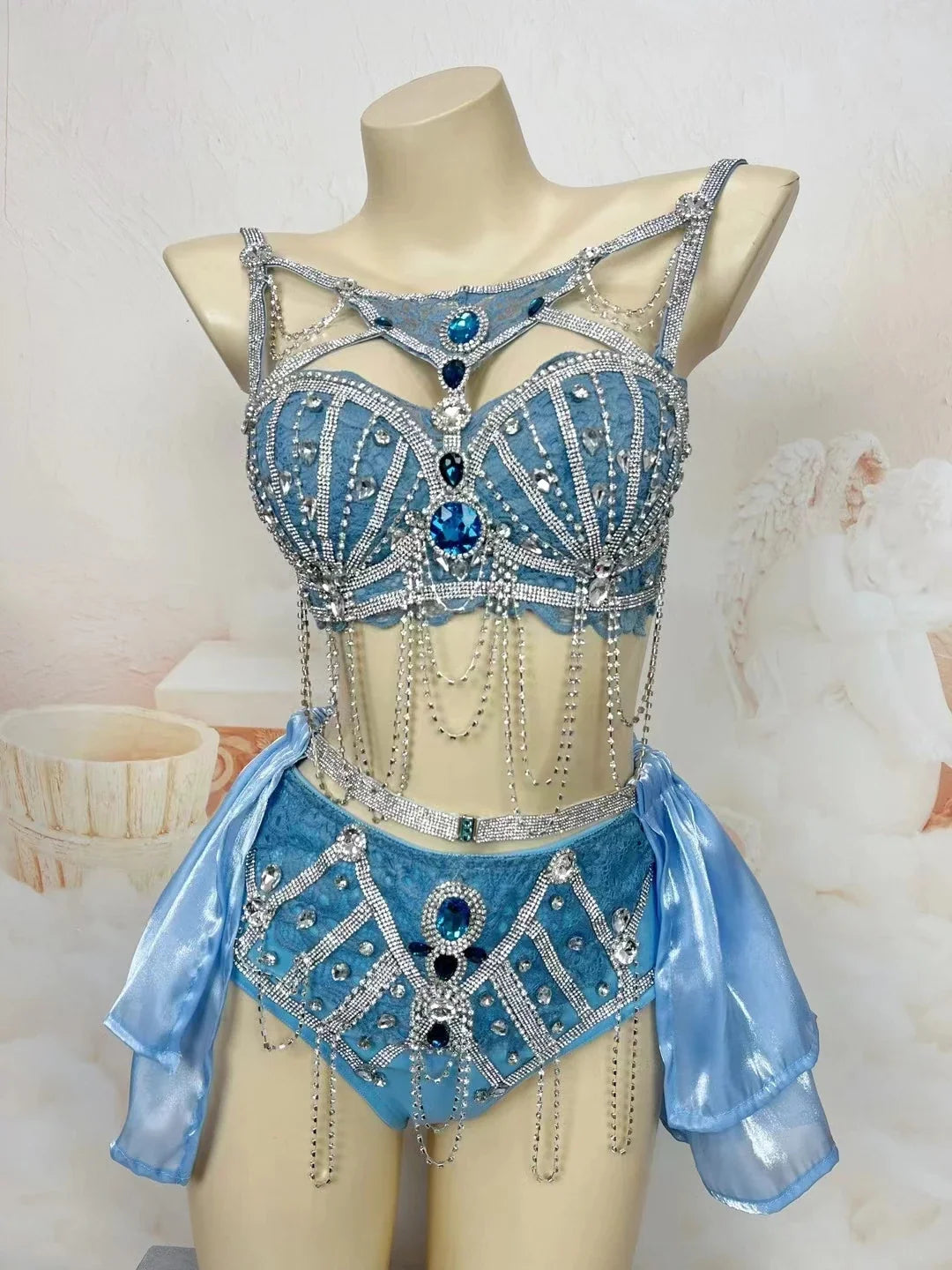 Sapphire Blue Rhinestone Bikini & Micro Skirt 2-Piece Stage Dance Costume Set | Costume Sets | Wiccan Center