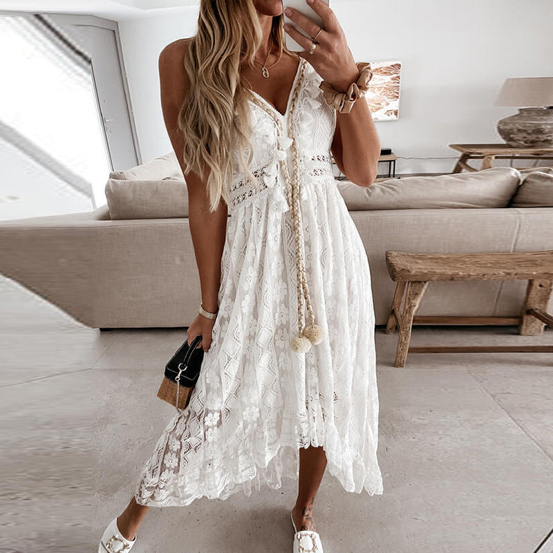 Women Dress Beach Style Elegant White Lace Spaghetti Srap Sundress Female Hollow Out Boho | Dresses | Wiccan Center