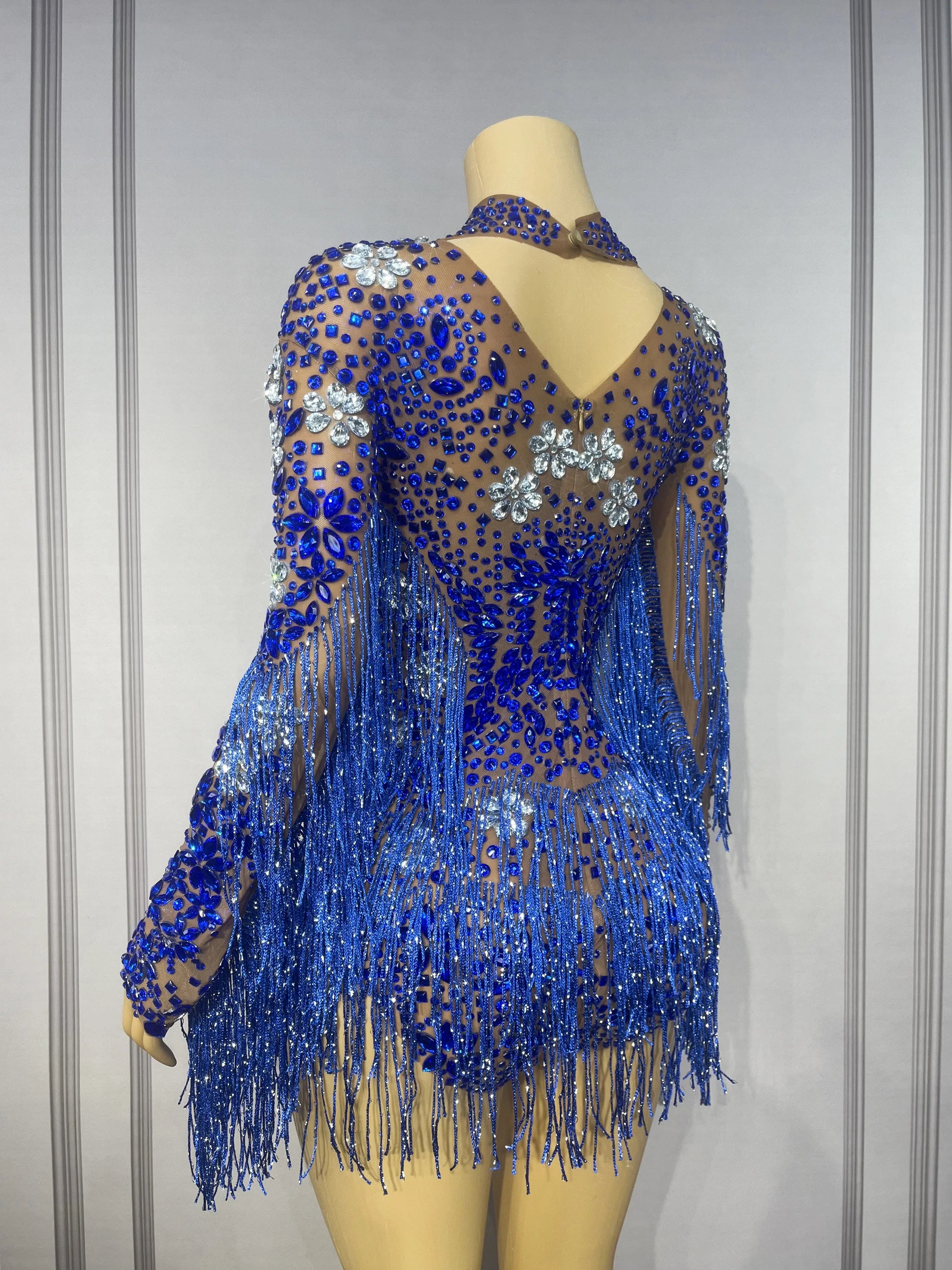 Sparkly Rhinestone Tassel High-Cut Stage Performance Bodysuit Dance Leotard
