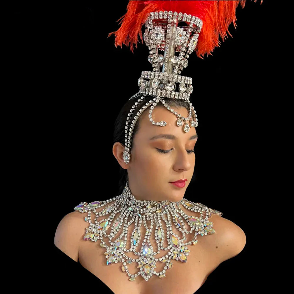 Crystal Rhinestone Ostrich Feather Headdress & Crystal Drop Set