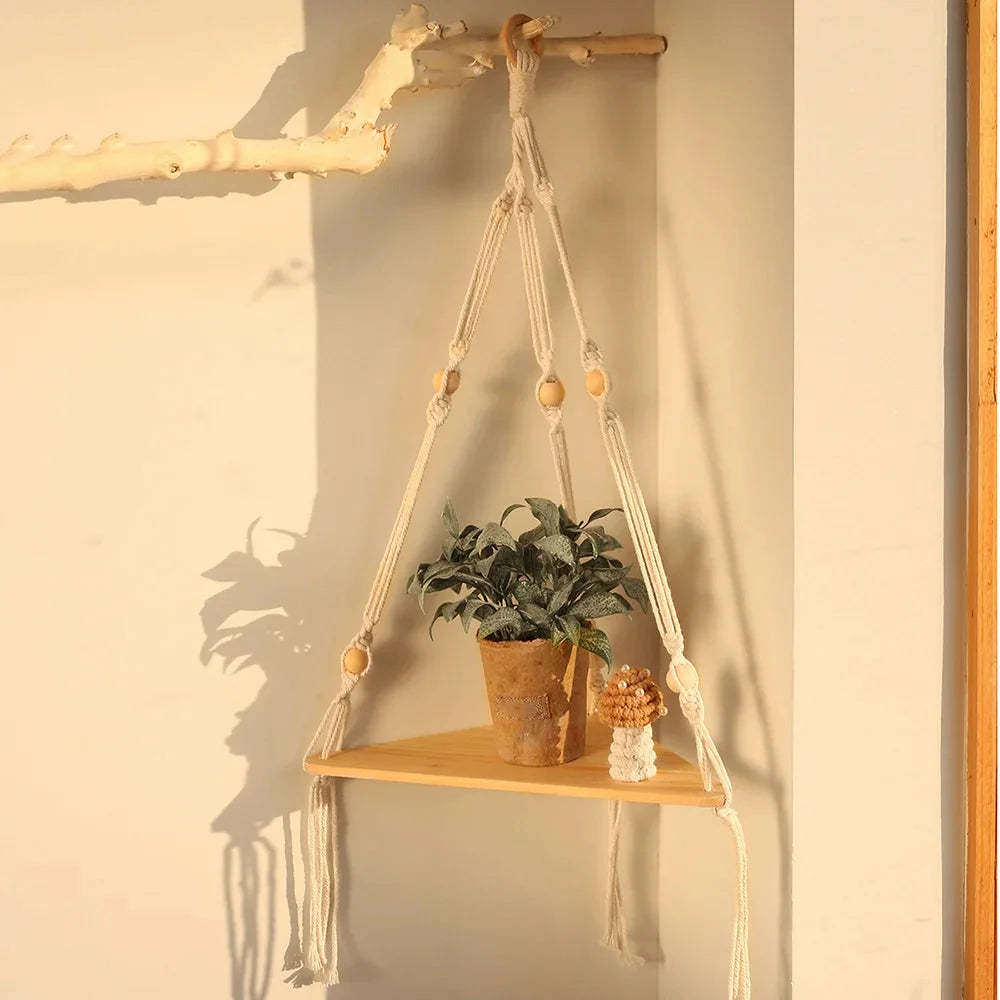 Corner Shelf Macrame Wall Hanging Wood Floating Shelves Rustic Boho Wall Shelf Decor Storage Rack for Plants Pots Photo Frames