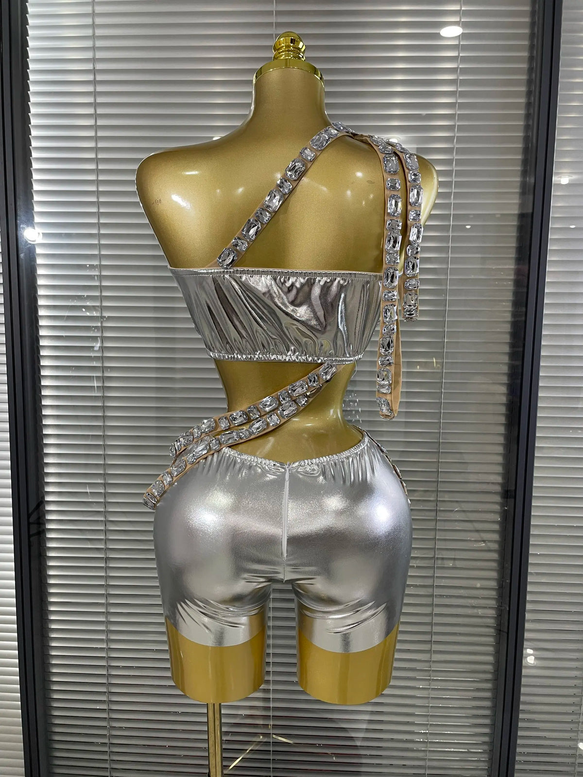Silver Crystal Perspective Two Pieces Costume Set Performance Dancer Singer Nightclub Women's Outfit | Costume Sets | Wiccan Center
