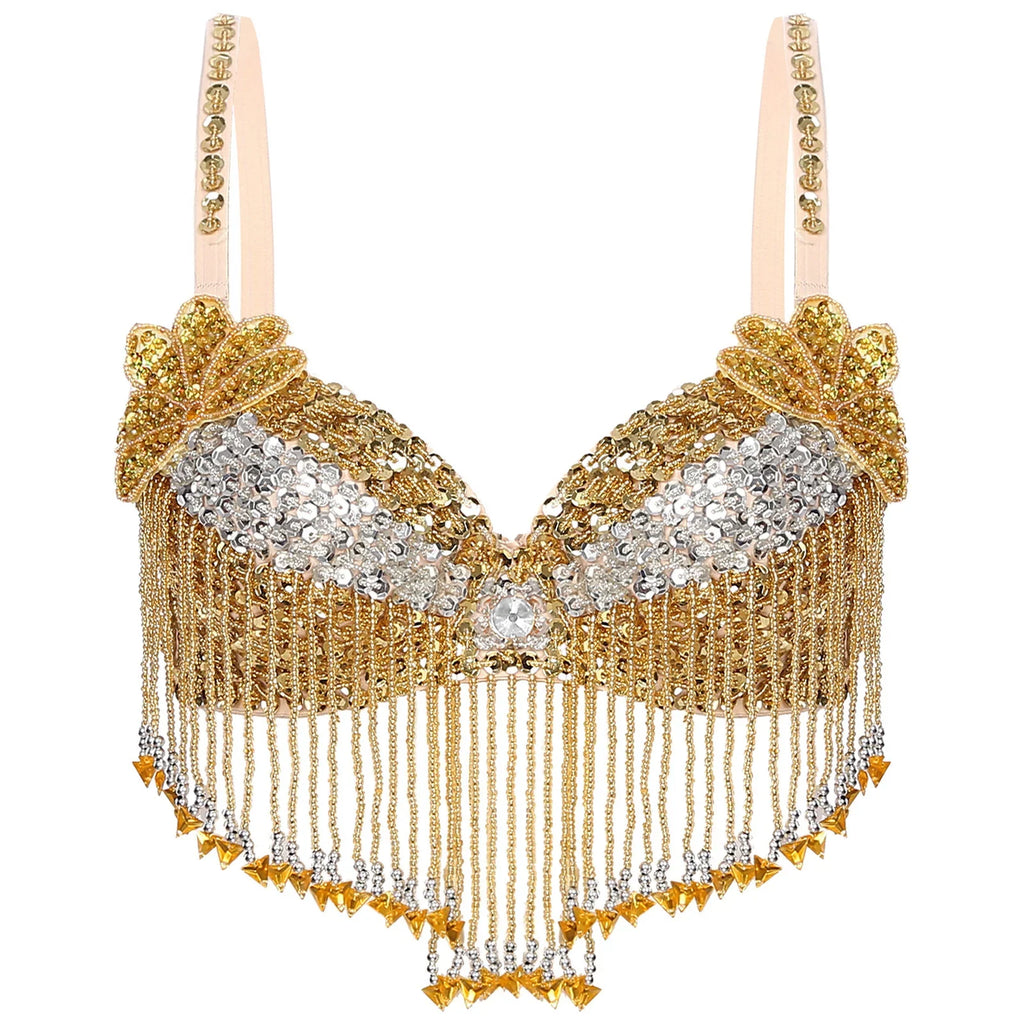 Sparkly Floral Beaded Sequin Belly Dance Bra & Tassel Performance Top | Costume Tops | Wiccan Center