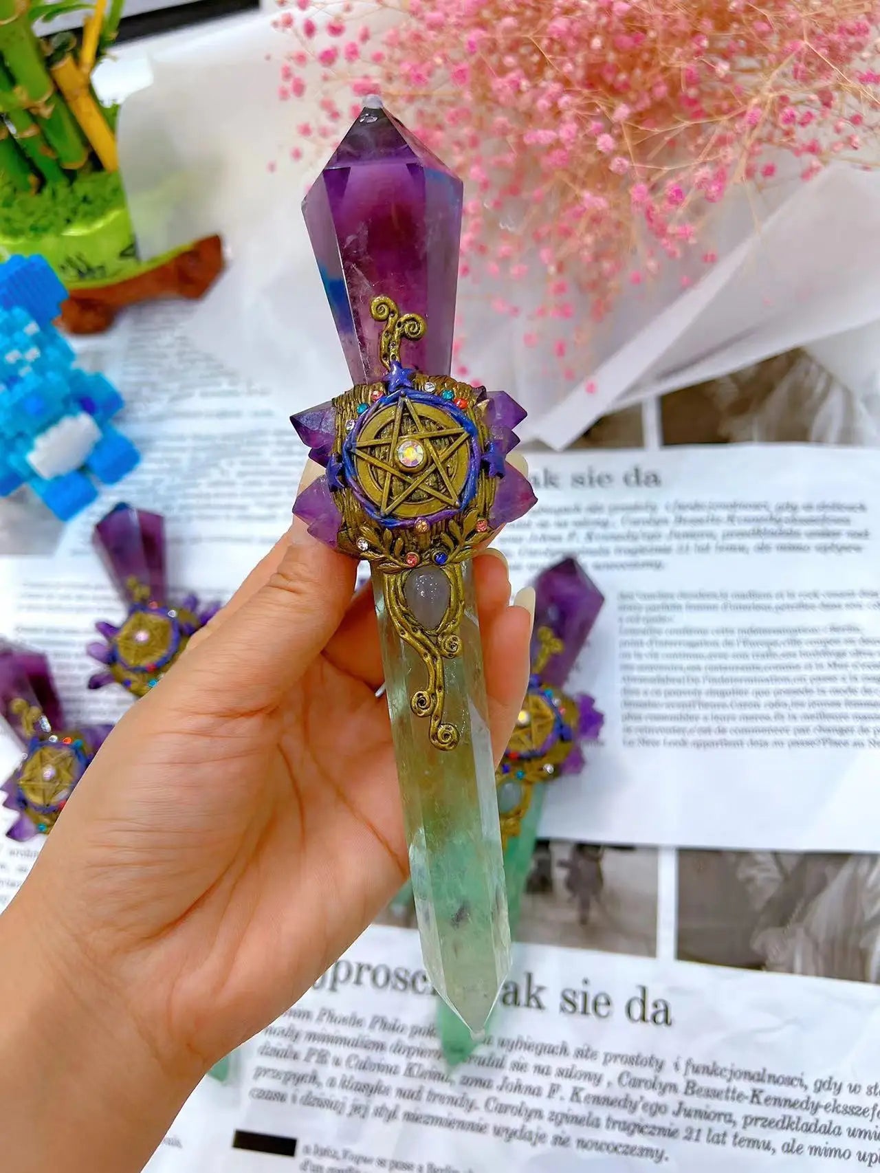 Green Fluorite and Amethyst Pentacle Witch Wand | Magic Wand | Wiccan Center