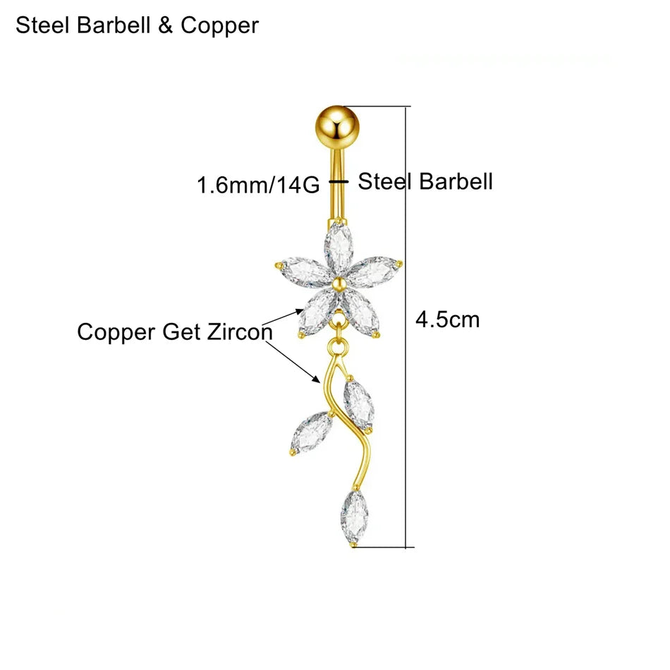 Stainless Steel Dangle Belly Button Ring Crystal Flower with Dangling Marquise Vine Titanium Navel Barbell Body Piercing Jewelry | | Wiccan Center