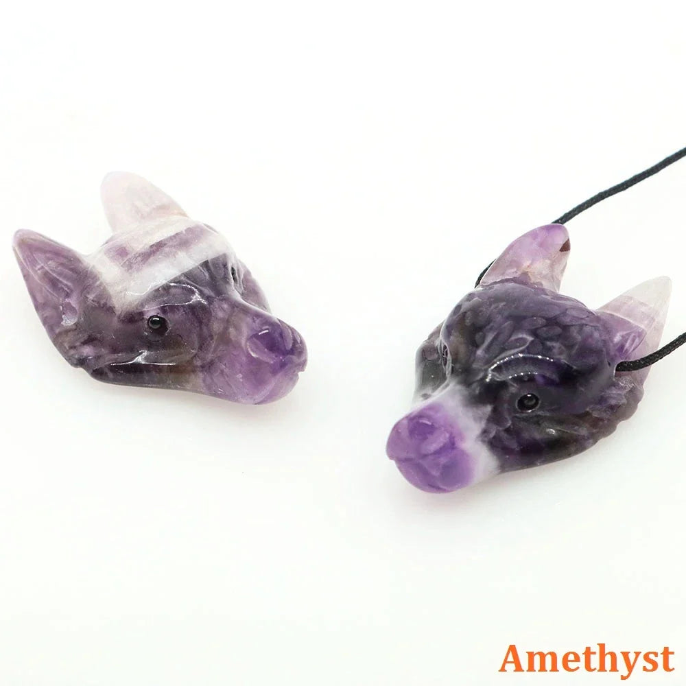 1.5" Wolf Head Stone Pendant Natural Healing Crystals Hand Carved Wolves Animal Statue Figurine Gems for Jewelry Making Necklace