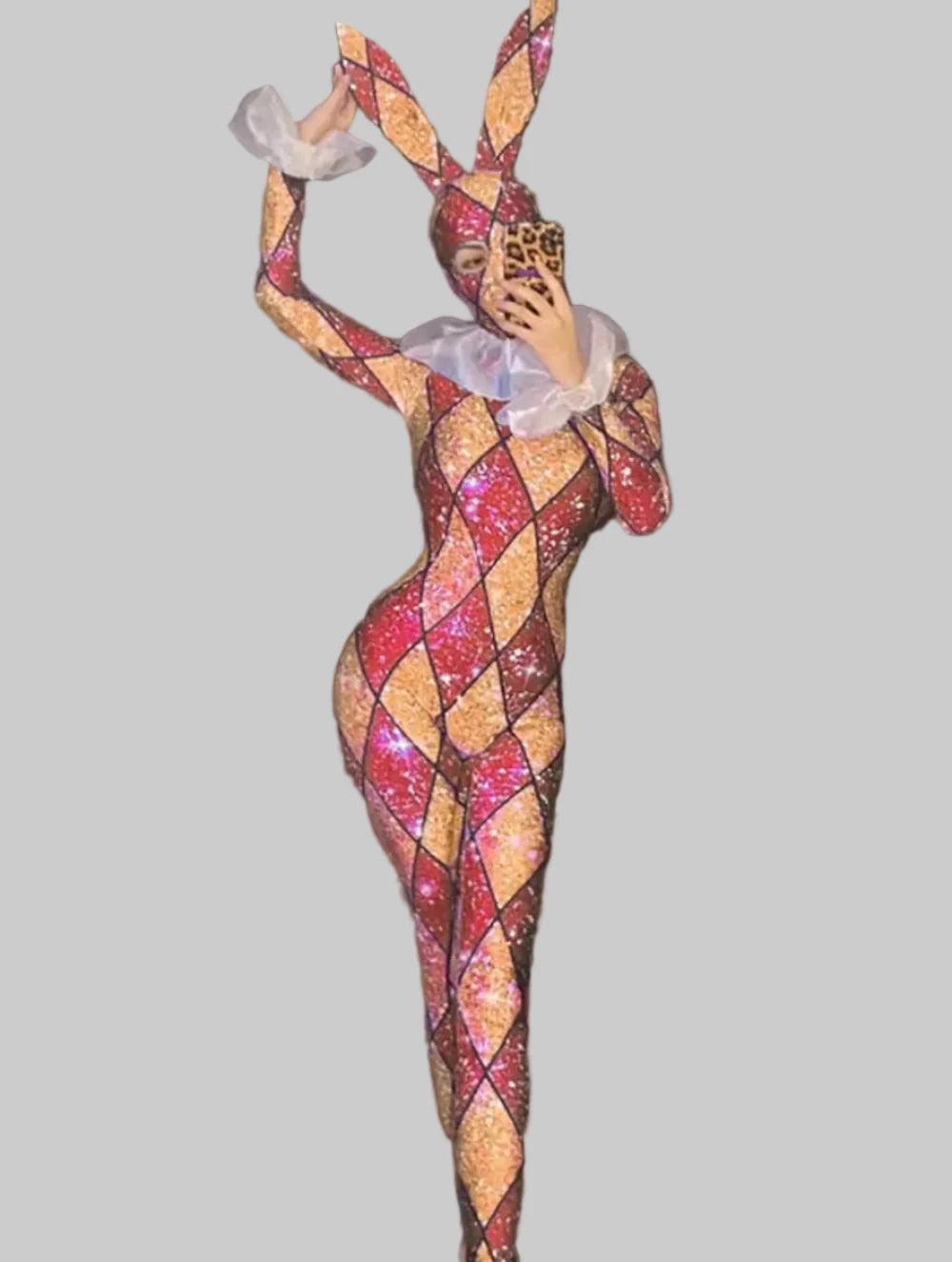 Futuristic Geometric Rhinestone Bunny Bodysuit – Luxury Showgirl Stage Costume & Exotic Festival Leotard with Statement Collar | Bodysuit | Wiccan Center