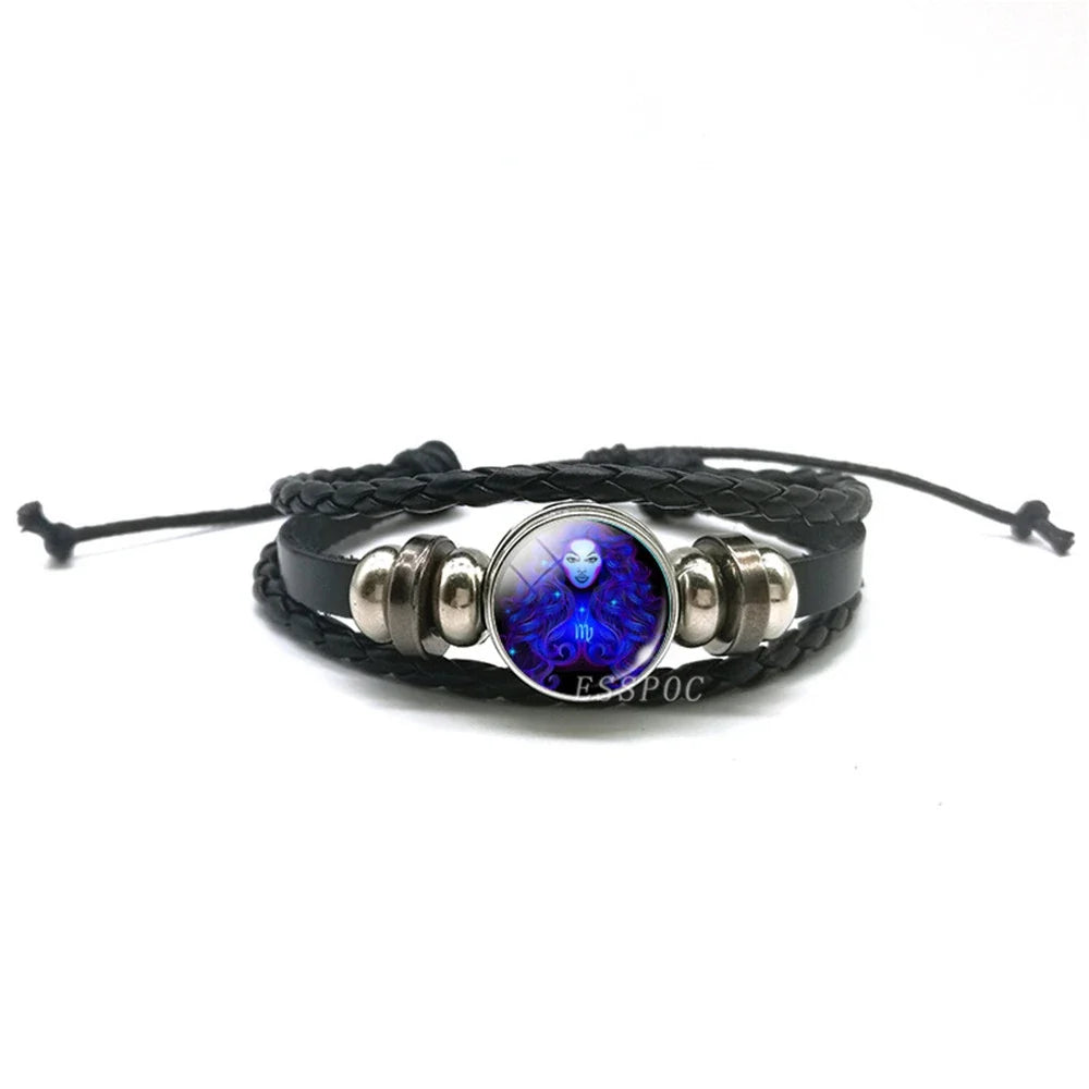 New Men 12 Constellation Black Braided Leather Bracelet Punk Style Zodiac Sign Multilayer Weave Wrap Bracelet For Birthday Gifts