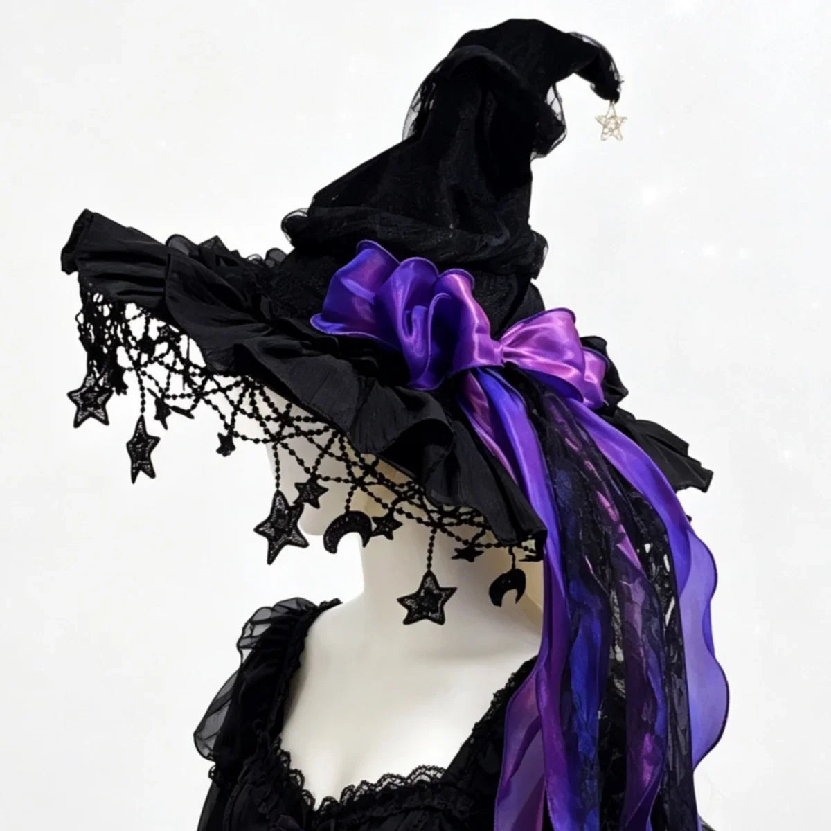 Halloween Witch Hat, Lace Velvet Hat with Moon Pendant | | Wiccan Center