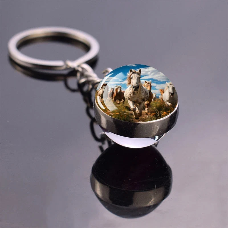 Horse Pattern Keychains White Brown Horse Racing Double Sided Glass Ball Pendant Key Chain Fashion Animal Jewelry Keyring Gift
