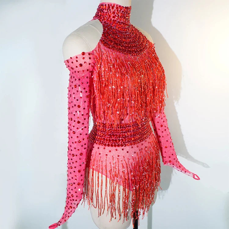 Rhinestone Tassel Mesh Performance Bodysuit | Bodysuit | Wiccan Center