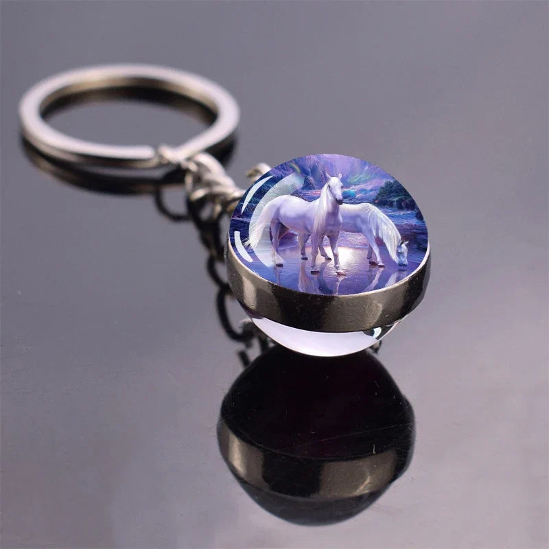 Horse Pattern Keychains White Brown Horse Racing Double Sided Glass Ball Pendant Key Chain Fashion Animal Jewelry Keyring Gift