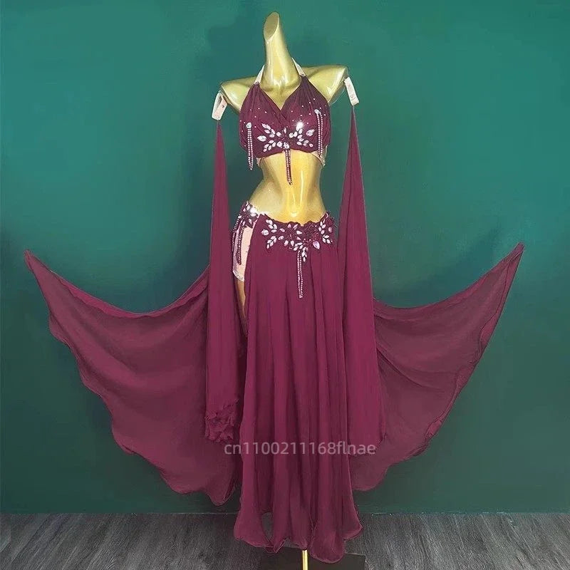Rhinestone Studded Top & High-Slit Long Skirt Belly Dance Performance Set | Costume Sets | Wiccan Center