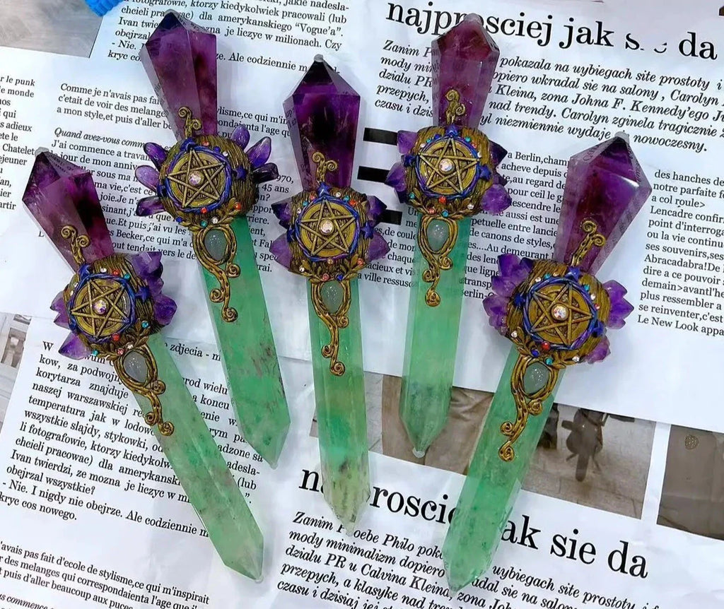 Green Fluorite and Amethyst Pentacle Witch Wand | Magic Wand | Wiccan Center