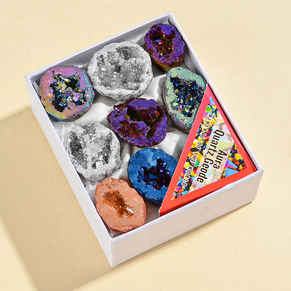 8PCS/Box Titanium Coated Natural Crystal Cluster Electroplated Agate Geode, Energy Balance Reiki Wicca Home Decor