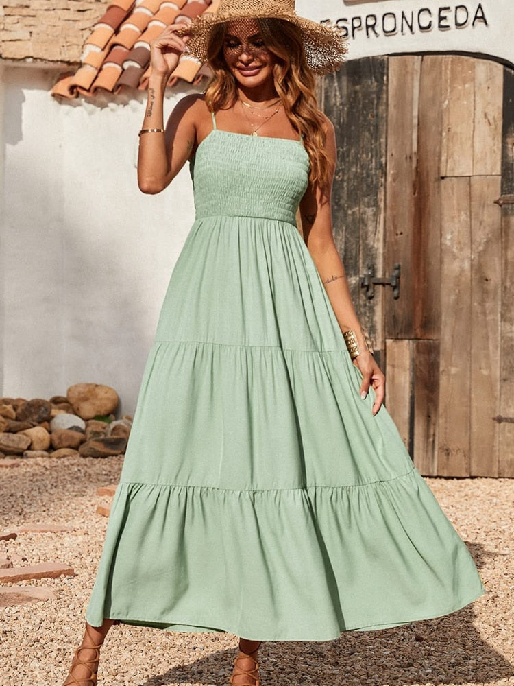 Spaghetti Strap Maxi Dress Women Summer Sleeveless Smocked Boho Long Beach Dress Sundresses | Dresses | Wiccan Center